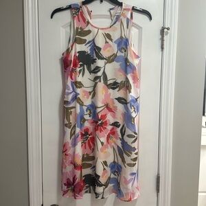 Calvin Klein White Colorful Floral Print Trapeze Shift Swing Dress Lined Size 10